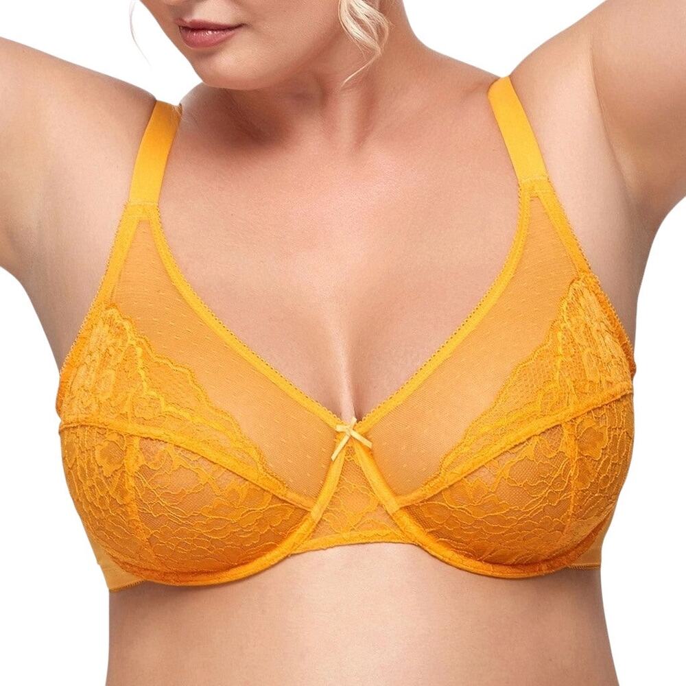 HSIA Enchante Cadmium Yellow Lace Soft Mesh Underwire Bra Women's 34DDD Lingerie